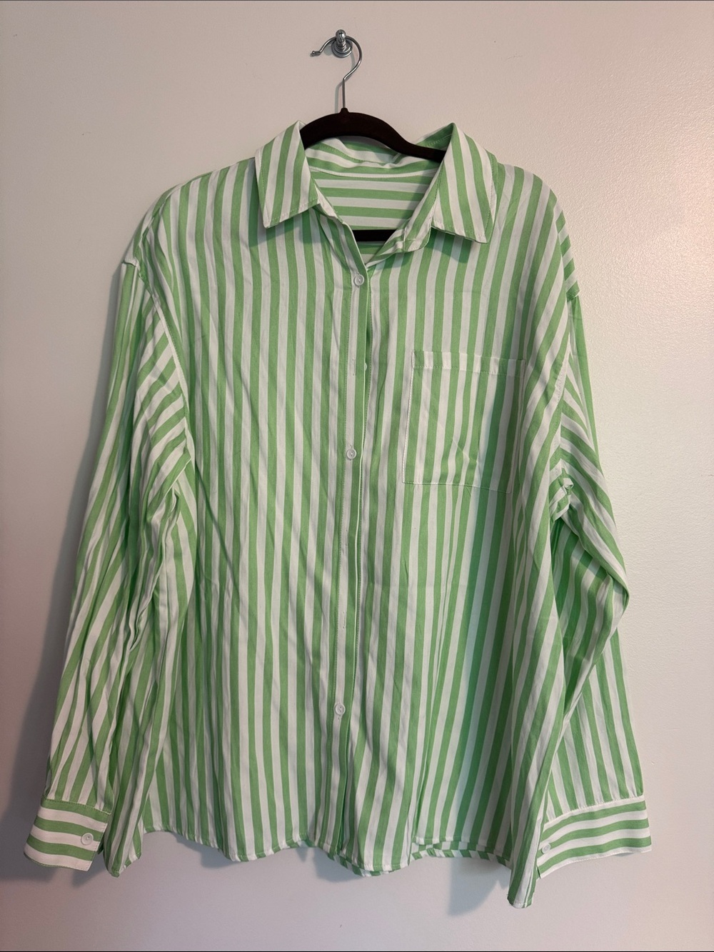 Green and White Striped Button-Up Shirt